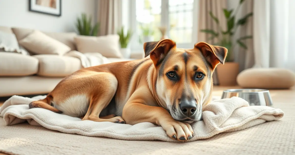 Cachorro sem raça definida deitado numa manta na sala clara, com potes de água e comida ao lado