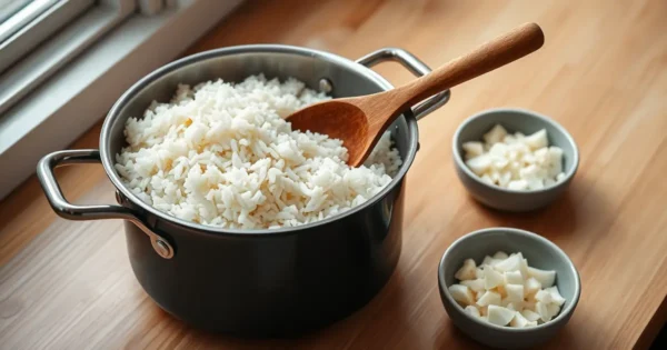 Panela com arroz branco soltinho e colher de pau sobre bancada de madeira clara