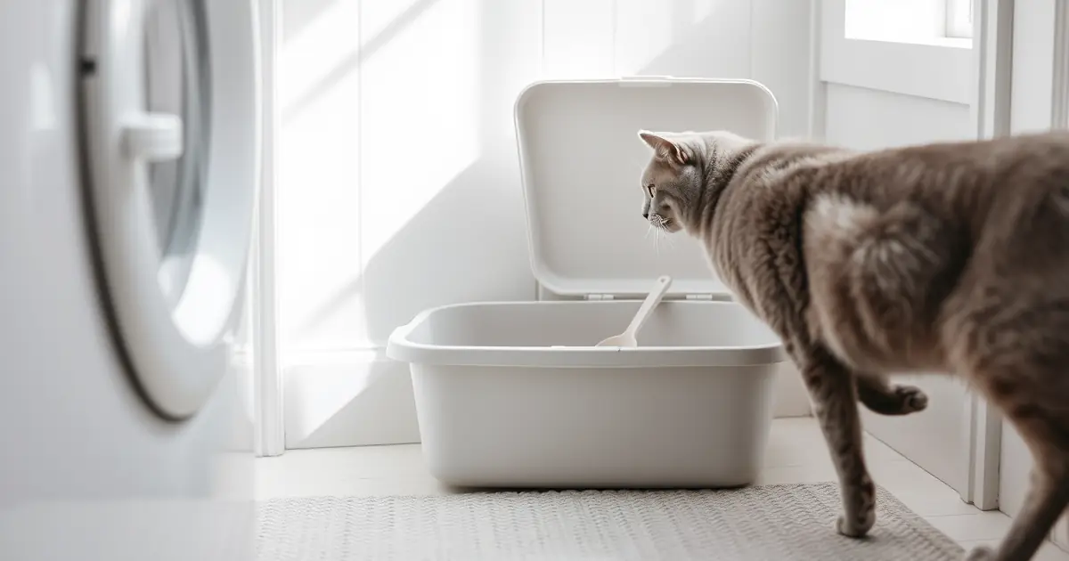Caixa de areia limpa com pazinha e tapete num canto claro da área de serviço, com gato cinza ao lado