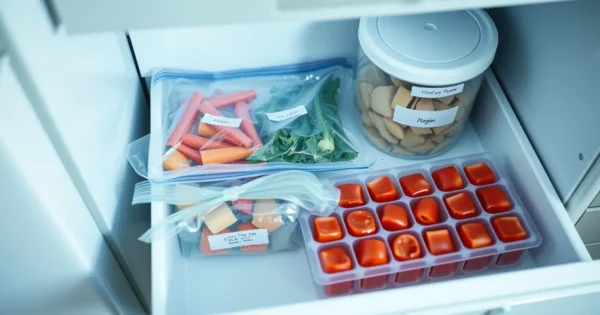 Gaveta de congelador organizada com sacos de legumes, potes etiquetados e cubos de molho
