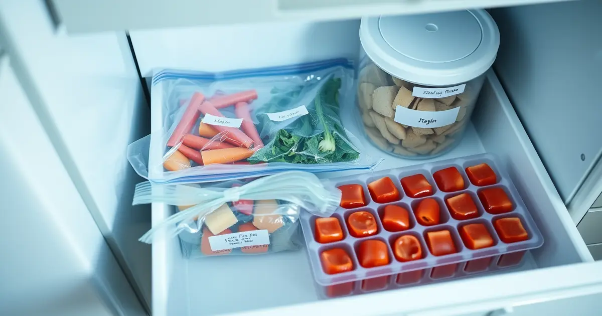 Gaveta de congelador organizada com sacos de legumes, potes etiquetados e cubos de molho