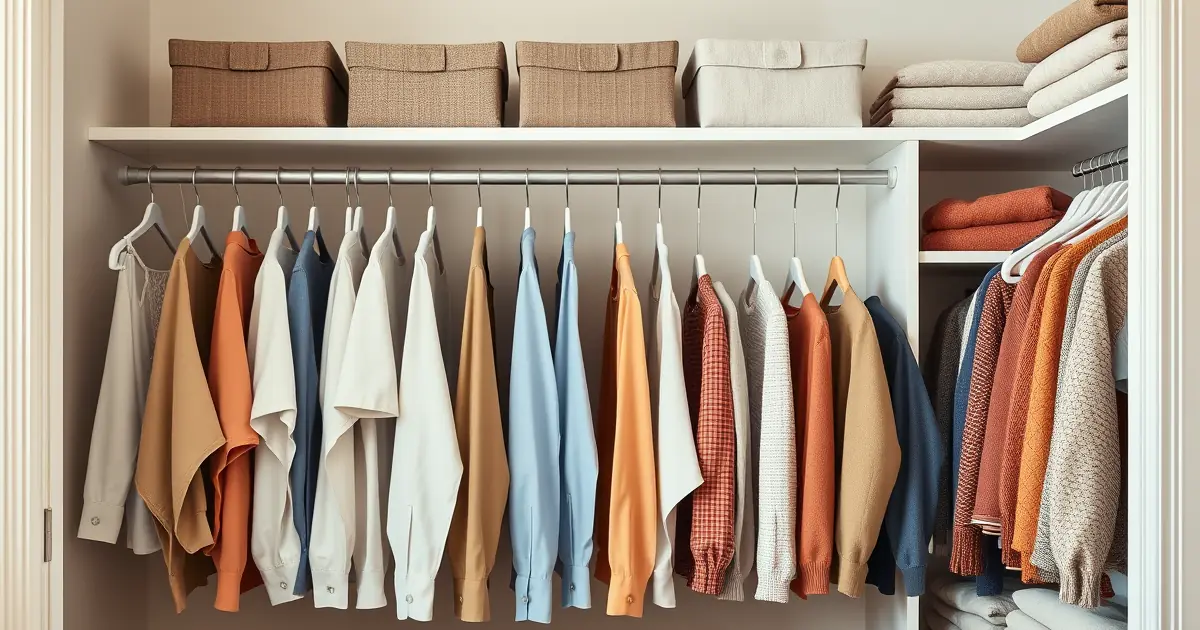Guarda-roupa aberto com camisas em cabides iguais organizadas por cor e malhas dobradas nas prateleiras