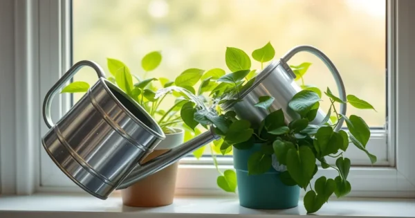 Regador de metal molhando a terra de uma planta em vaso no parapeito da janela