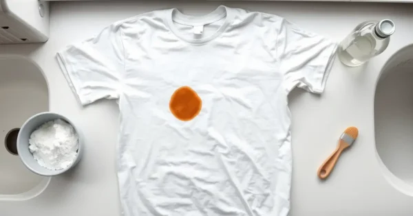 Camiseta branca com mancha de café sobre bancada, ao lado de tigela com bicarbonato e escova macia