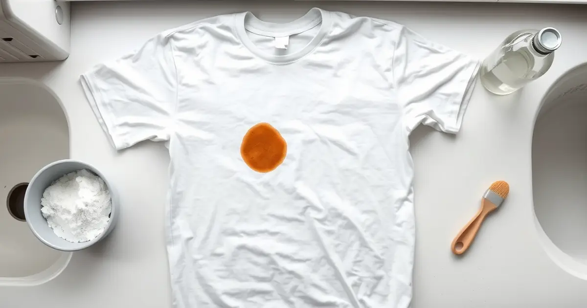 Camiseta branca com mancha de café sobre bancada, ao lado de tigela com bicarbonato e escova macia