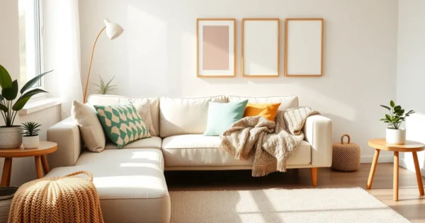 Sala clara com sofá, almofadas coloridas, manta, plantas em vasos e quadros simples na parede