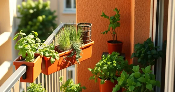Varanda ensolarada com jardineiras de manjericão, cebolinha, salsinha e alface junto à grade