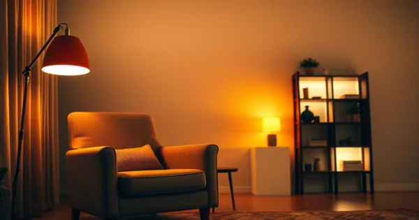 Sala à noite iluminada por luminária de chão, abajur e luz suave atrás da estante, em tons quentes