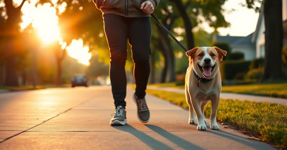 Cachorro na guia caminhando numa calçada arborizada no fim da tarde, com luz dourada