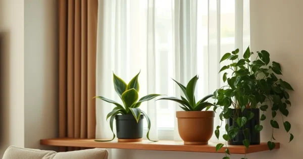 Canto de sala de apartamento com zamioculca, espada-de-são-jorge e jiboia em luz indireta da janela