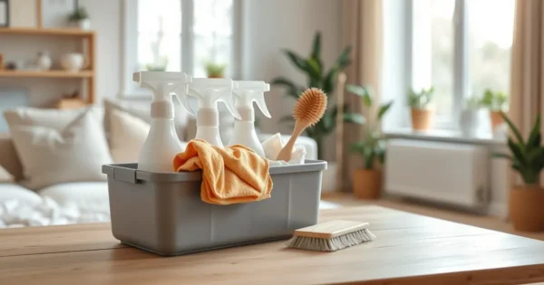 Cesto com panos de microfibra, borrifadores e escova sobre mesa de madeira em sala clara e arrumada